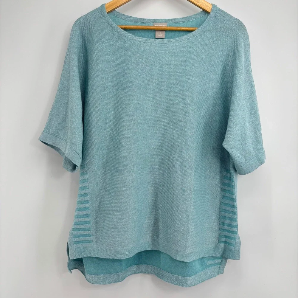 Chicos Tunic Top Linen Blend Short Sleeve Size 2 Large Aqua Shimmer